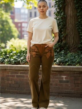 Dolce & Gabbana Olive Green Corduroy Flare Jeans with Brown Trim